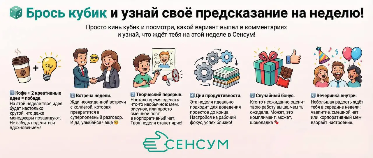 🎲 Брось кубик и узнай своё предсказание на неделю!
Просто кинь кубик 🎲 ниже в комментариях и посмотри, какой вариант выпал и узнай, что ждёт тебя на этой неделе в Сенсум!
1️⃣ Кофе + 2 креативные идеи ... | Сетка — социальная сеть от hh.ru