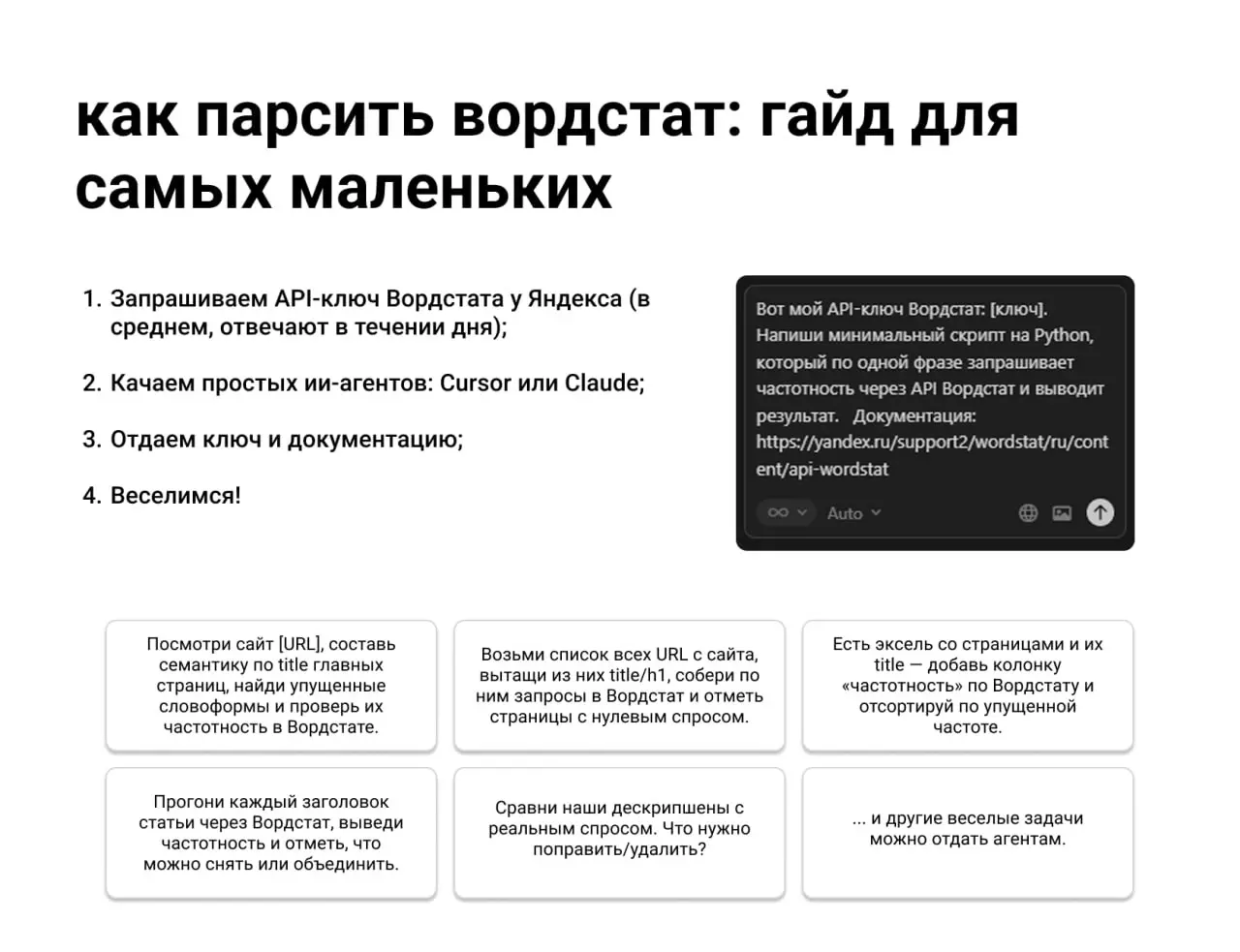 😥 Как парсить вордстат: гайд для самых маленьких
Допустим, вам зачем-то нужно решить следующие задачи:
— Понять, каких страниц на сайте не хватает и валидировать их реальным спросом;
— Провести инвент... | Сетка — социальная сеть от hh.ru