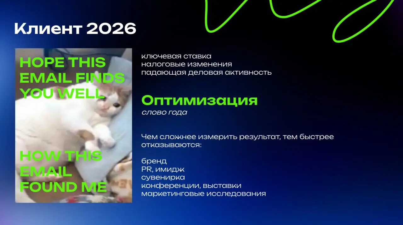 Агентствам и всем, чьи ЛПР в 2026 году — СMO: держитесь
Выступала на прошлой неделе перед рекламными агентствами с презентацией про то, что важно знать о клиенте в 2026 | Сетка — социальная сеть от hh.ru