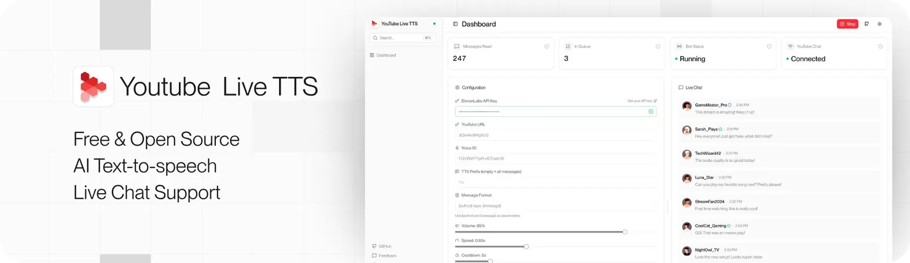 youtube-live-tts
Это инструмент, предназначенный для преобразования сообщений из чата YouTube Live в речь в реальном времени с использованием голосов AI от ElevenLabs | Сетка — социальная сеть от hh.ru
