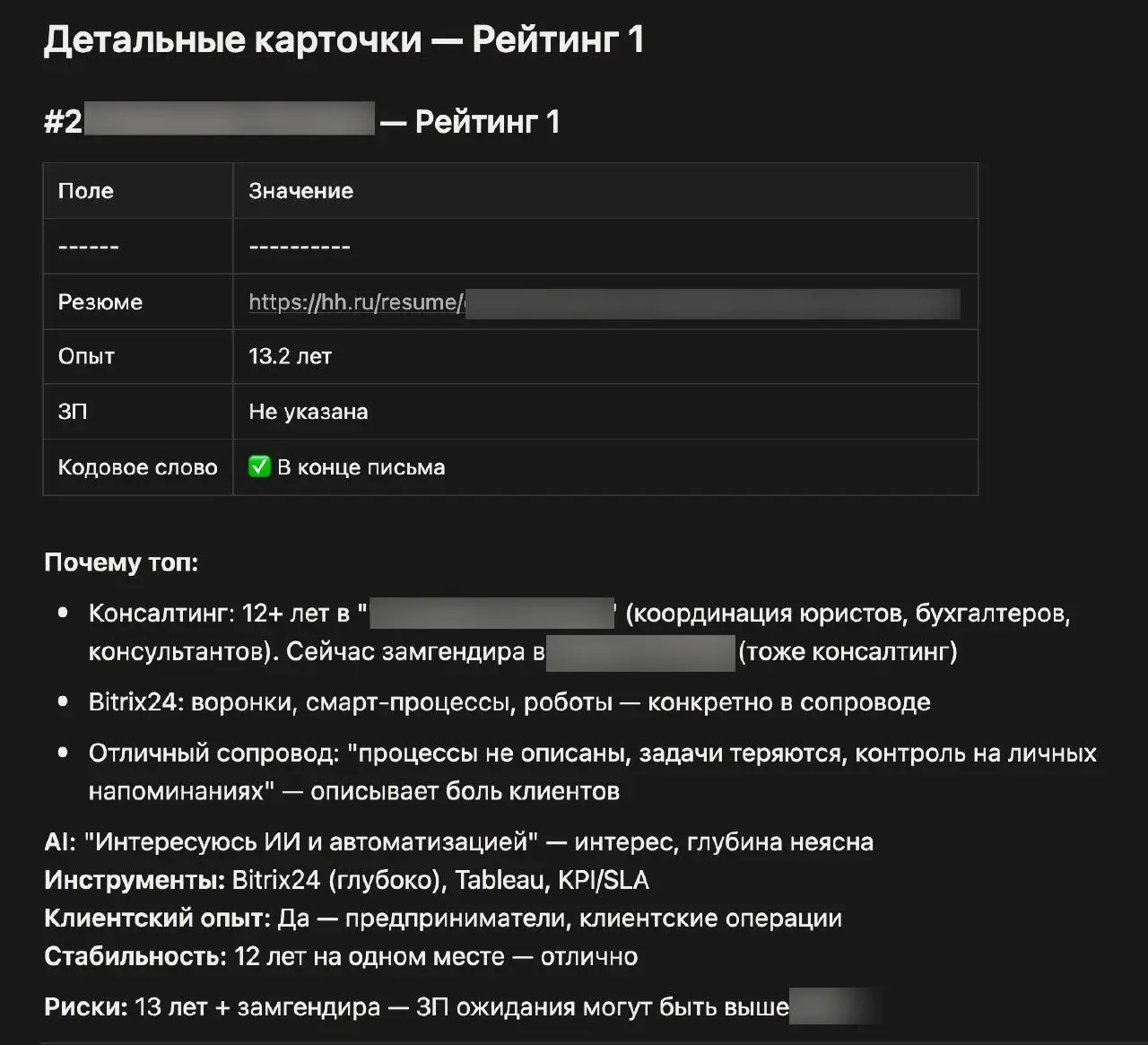 Собака-нанимака
Сделали на этих выходных бомбический кейс. После обучения собака-пинака за 15 минут разобрал и проанализировал 165 откликов на hh | Сетка — социальная сеть от hh.ru