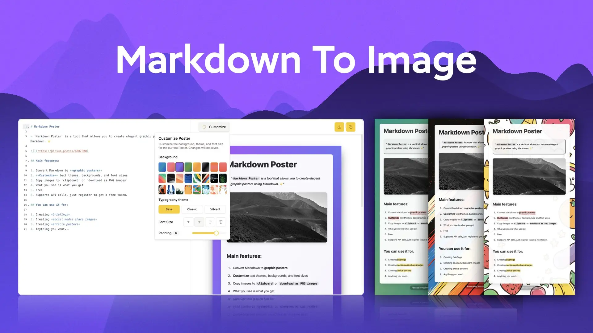 markdown-to-image
Это React-компонент, предназначенный для преобразования Markdown-текста в эстетически привлекательные постер-изображения | Сетка — социальная сеть от hh.ru