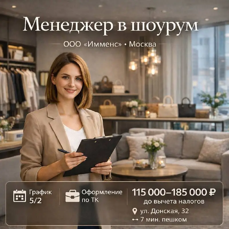 МЕНЕДЖЕР В ШОУРУМ
115 000₽ - 185 000₽
(До вычета налогов)
ООО «Имменс»
• Москва, м | Сетка — социальная сеть от hh.ru