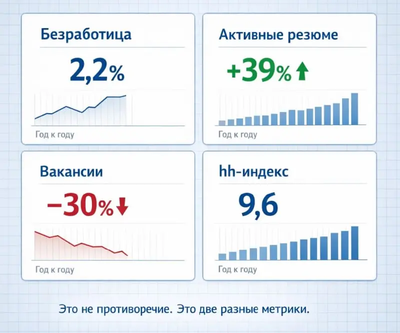 Почему безработица 2,2%, а работу искать сложнее?
Если смотреть на цифры «сверху», всё выглядит неплохо: по итогам 2025 года безработица в России —2,2% . Почти полная занятость | Сетка — социальная сеть от hh.ru