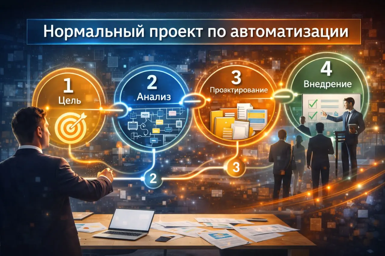 Как выглядит нормальный проект по автоматизации
Нормальный проект начинается не с системы.
Он начинается с вопроса:
что в бизнесе не работает и сколько это стоит | Сетка — социальная сеть от hh.ru