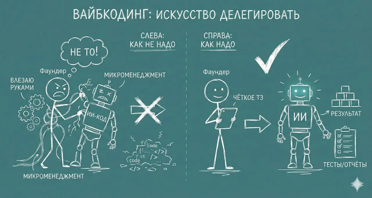 Вайбкодинг — это не про то, как с умным видом генерить код нейросетями.
Это суровый и бесплатный тренажер для фаундеров, которые ни черта не умеют делегировать.
Освоить эту штуку надо каждому | Сетка — социальная сеть от hh.ru