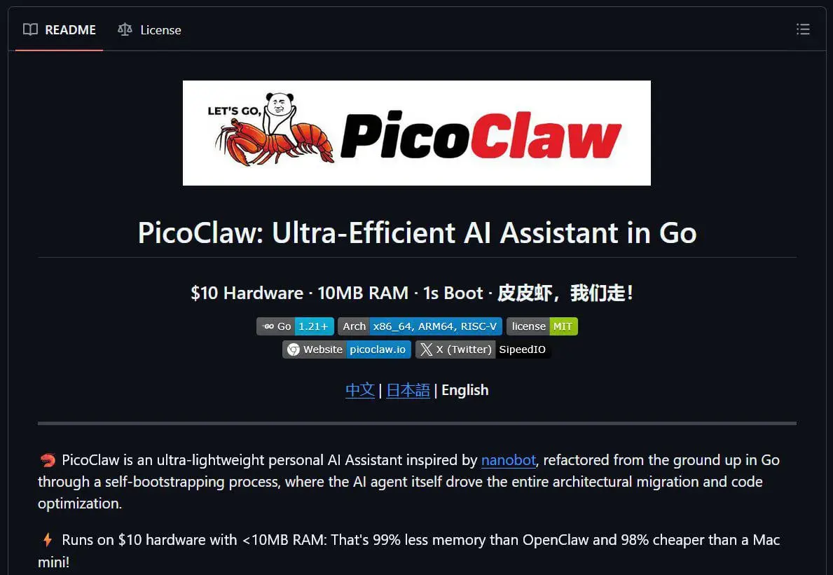 🤯САМЫЙ ЛЕГКИЙ ИИ АГЕНТ
Китайцы дропнули PicoClaw — аналог OpenClaw, которому нужно всего 10 МБ ОЗУ! Это легковесный аналог самого хайпового ИИ-ассистента последних месяцев, который работает быстрее, ч... | Сетка — социальная сеть от hh.ru