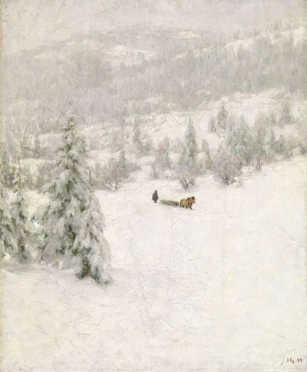 “Зима”Якоб Глёрсен (1894)
Глёрсен, норвежский художник, работал в русле северного реализма и тональной живописи. Его интересовало состояние природы: холодный свет, влажный воздух, ощущение тишины | Сетка — социальная сеть от hh.ru