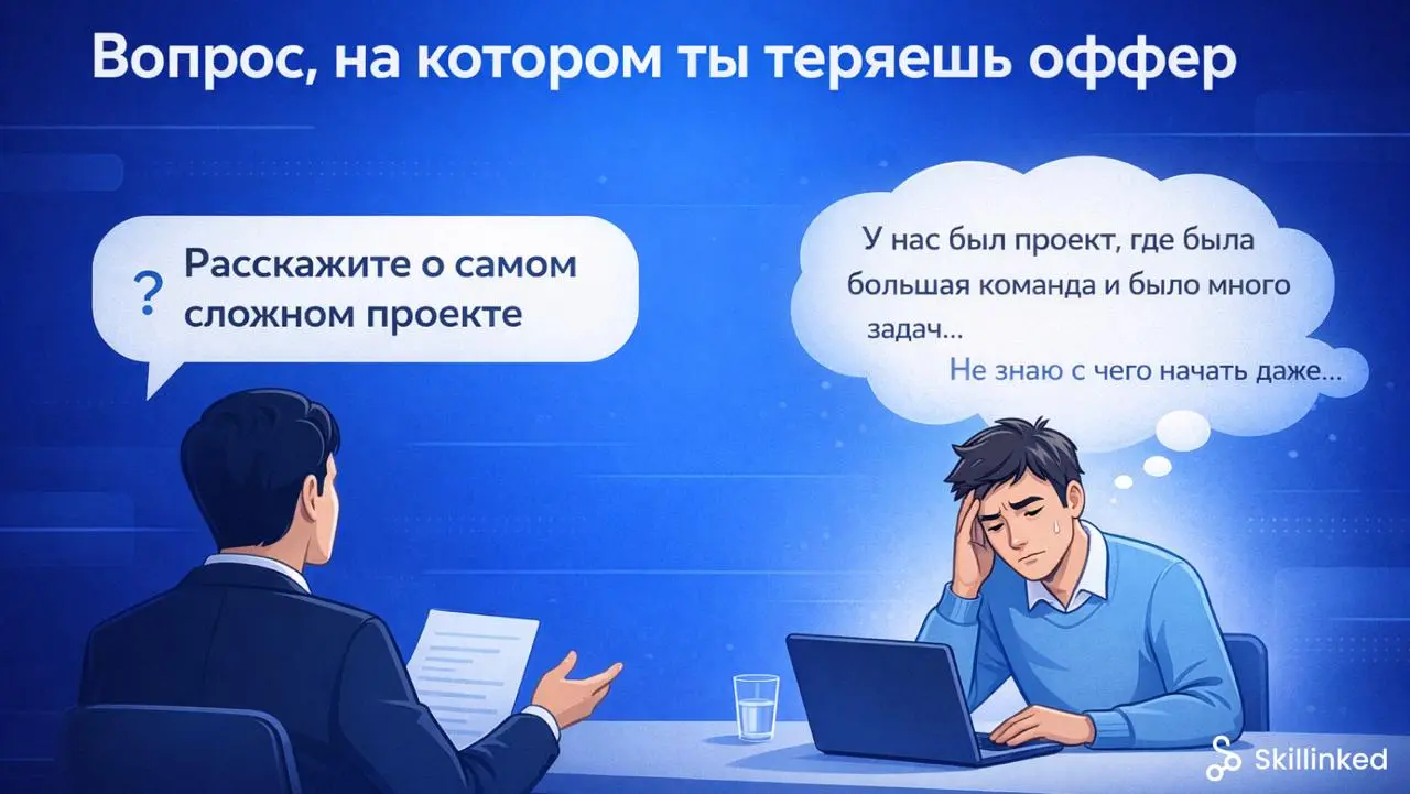 💬 Почему вопрос "Расскажите о самом сложном проекте" это ловушка для новичков в IT
Консультации показали, что начинающему кажется, что у него нет “сложных проектов” | Сетка — социальная сеть от hh.ru