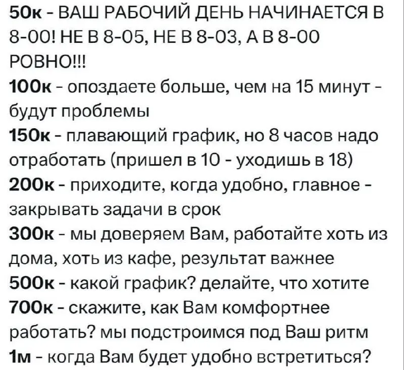 Уровень зарплаты и отношение к опозданиям
А у вас какой график? 😉
Рубрика мемная суббота
В этом посте были ссылки, но мы их удалили по правилам Сетки | Сетка — социальная сеть от hh.ru