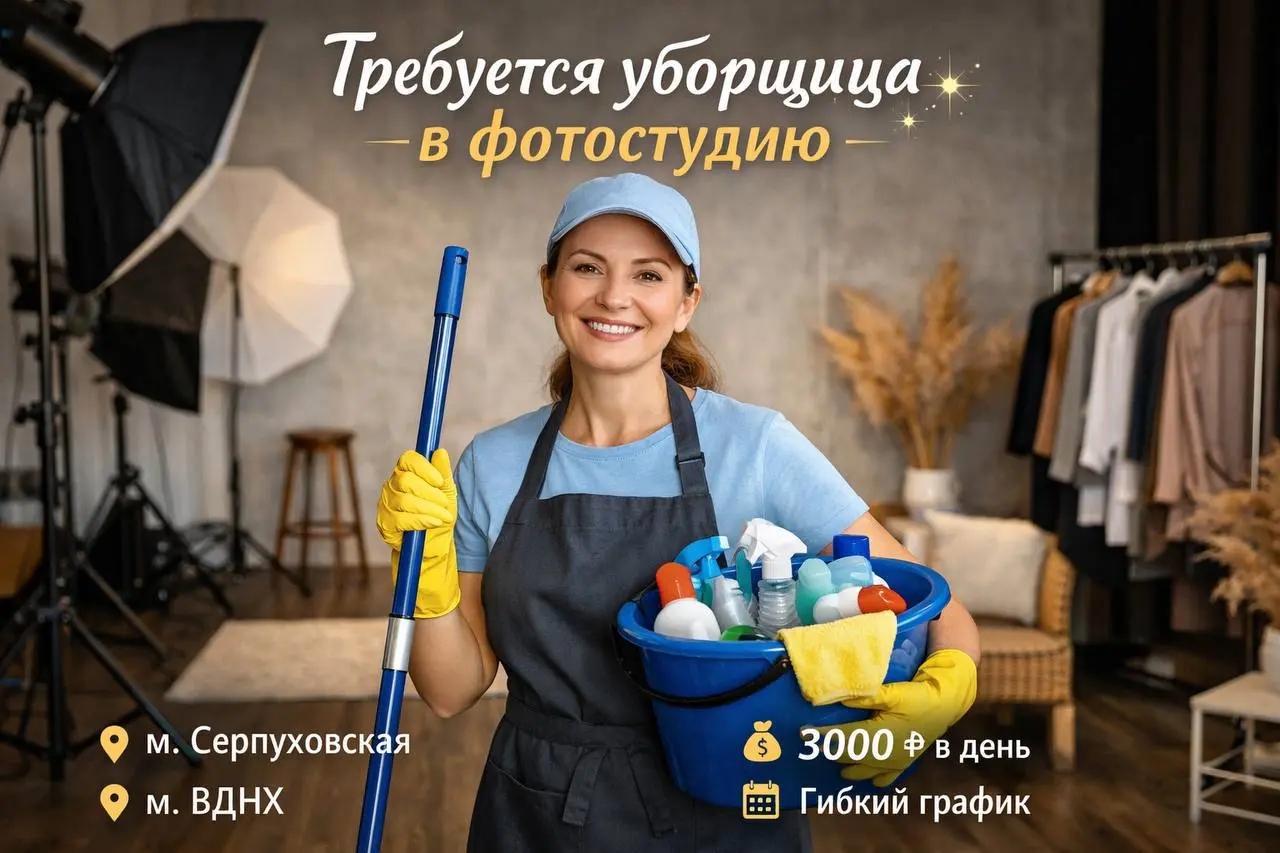 УБОРЩИЦА (ФОТОСТУДИЯ)
От 3 000₽/смена
фотостудия
• Москва, м. Серпуховская, ВДНХ,
1 филиал - Партийный переулок, д. 1, корп. 10;
2 филиал - пр-т Мира, 119, стр | Сетка — социальная сеть от hh.ru