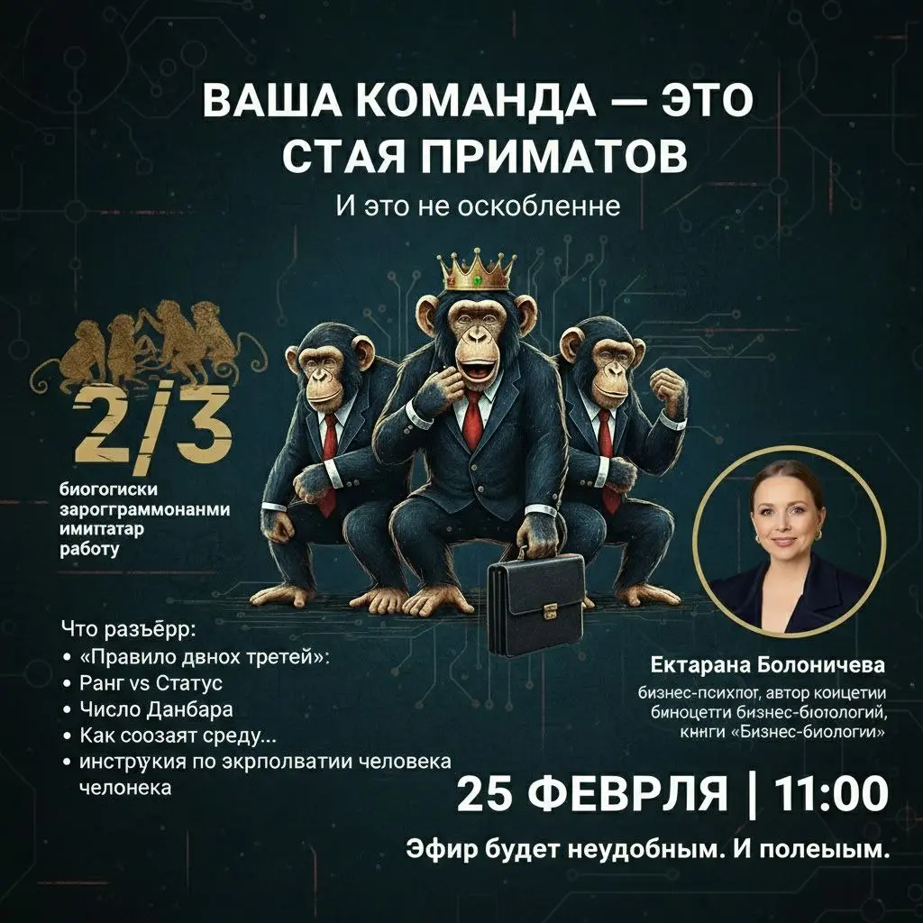 3️⃣2️⃣1️⃣1️⃣ Ваша команда — это стая приматов. И это не оскорбление.
Именно так работает биология управления, которую никто не преподаёт на MBA | Сетка — социальная сеть от hh.ru