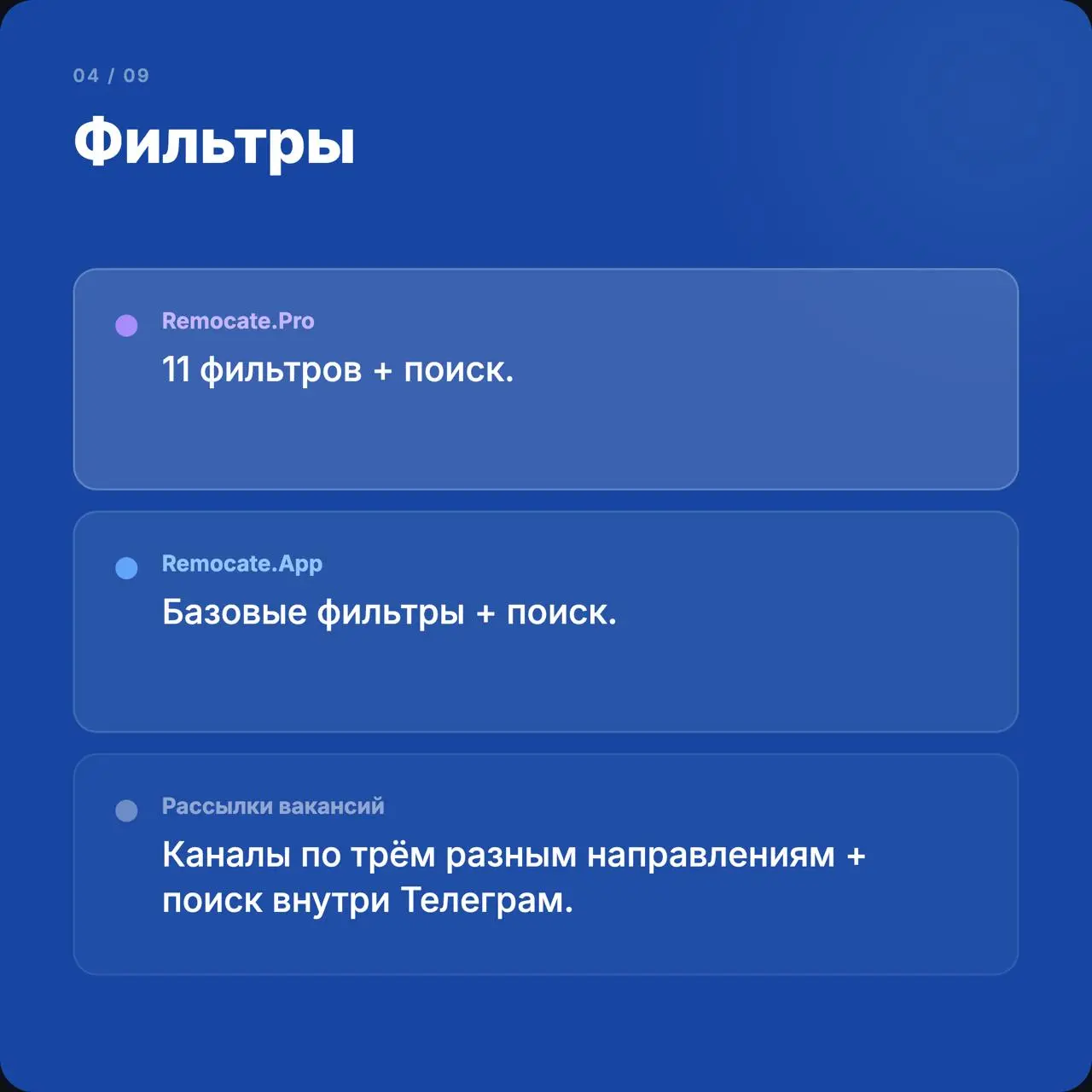 Remocate.Pro: честное сравнение с другими нашими продуктами — бесплатным джоб-бордом remocate.app и рассылками эксклюзивных вакансий.
Листайте карточки — там 9 критериев.
Если коротко:
Remocate | Сетка — социальная сеть от hh.ru