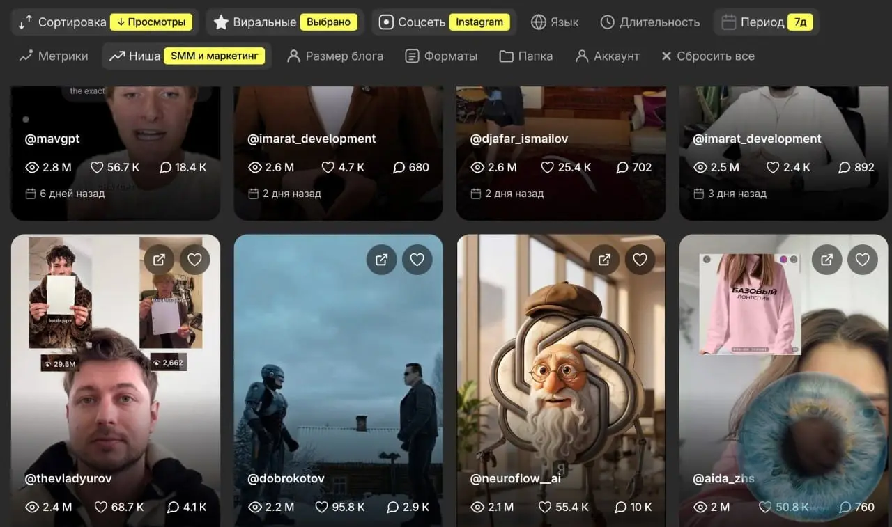 📊 Virale: Анализ трендовых Reels
Virale — это сервис, который позволяет глубоко анализировать трендовые Reels, предлагая фильтрацию по различным параметрам: нишам, формату контента, дате, охватам, лай... | Сетка — социальная сеть от hh.ru