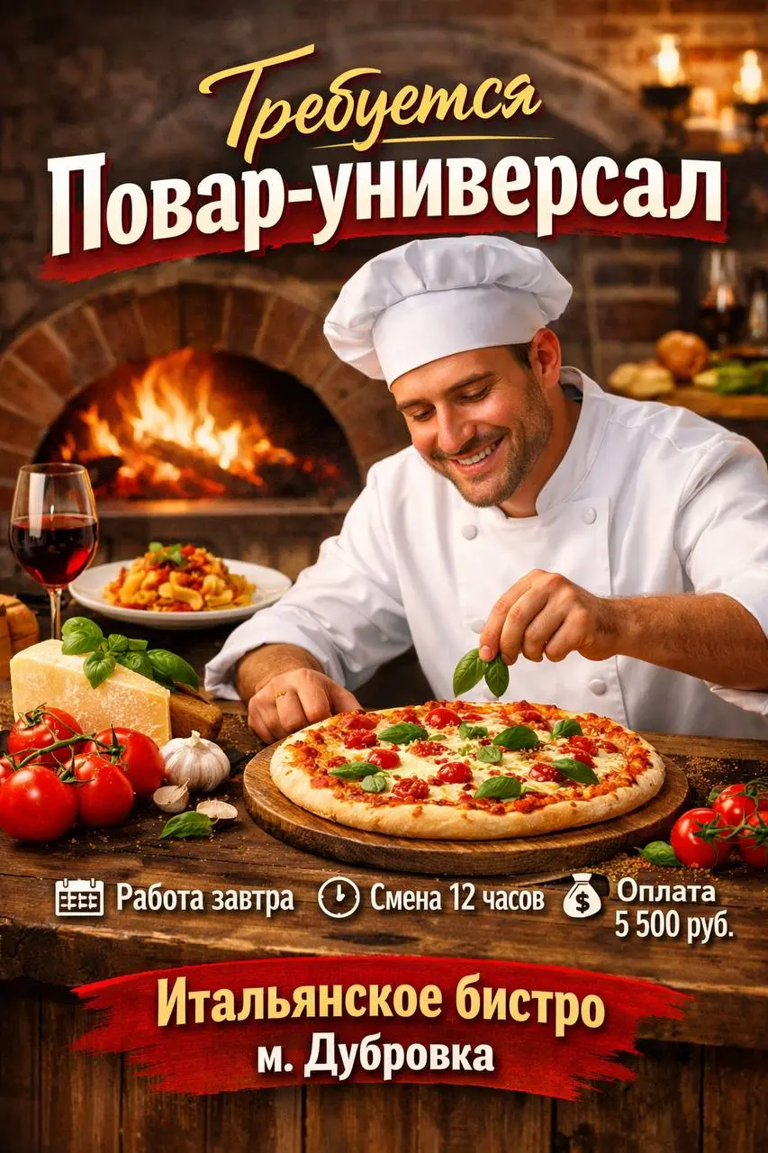 ПОВАР-УНИВЕРСАЛ (ПОДРАБОТКА НА 1 СМЕНУ)
От 5 500₽/смена
Итальянское бистро
• Москва, м. Дубровка, м | Сетка — социальная сеть от hh.ru