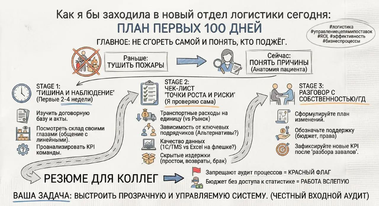Как я бы заходила в новый отдел логистики сегодня: план первых 100 дней
Раньше я думала, что главное — быстро начать «тушить пожары». Сейчас я знаю: главное — не сгореть самой и понять, кто поджёг | Сетка — социальная сеть от hh.ru