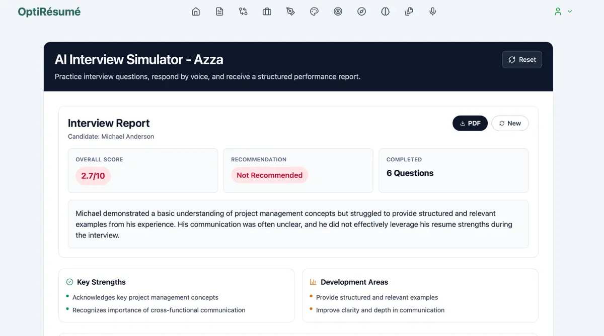 Новая функция - ИИ симулятор интервью – Азза:
Мы представляем одно из самых мощных обновлений OptiResume - полностью интерактивный голосовой ИИ-симулятор интервью.
Это не просто вопросы на экране | Сетка — социальная сеть от hh.ru
