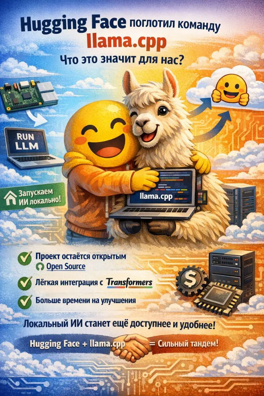 🤝 Hugging Face поглотил команду llama.cpp: что это значит для нас?
Если вы хоть раз запускали нейросетку на своём компьютере (не в облаке), вы почти наверняка пользовались llama.cpp | Сетка — социальная сеть от hh.ru