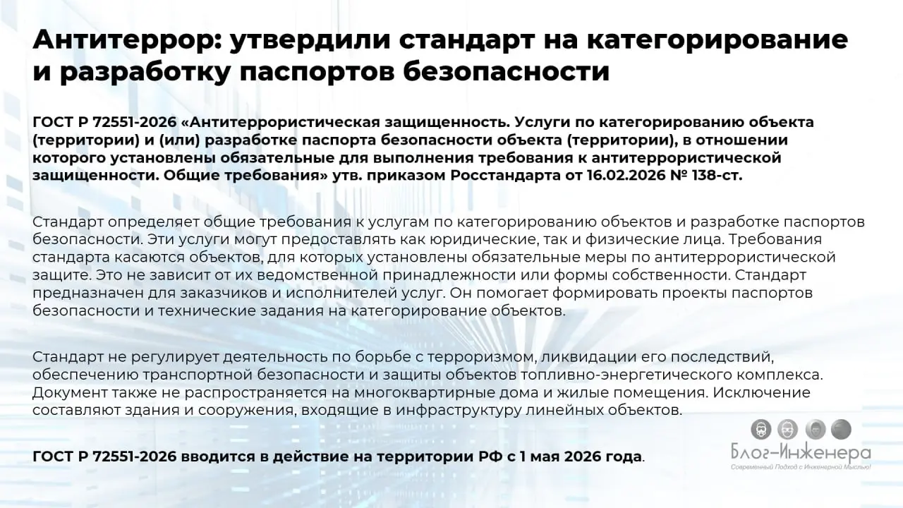 Антитеррор: утвердили стандарт на категорирование и разработку паспортов безопасности
Блог—Инженера для людей ❤️
⭐️ Сервисы ⚡️ Проголосовать
В этом посте были ссылки, но мы их удалили по правилам Сетк... | Сетка — социальная сеть от hh.ru