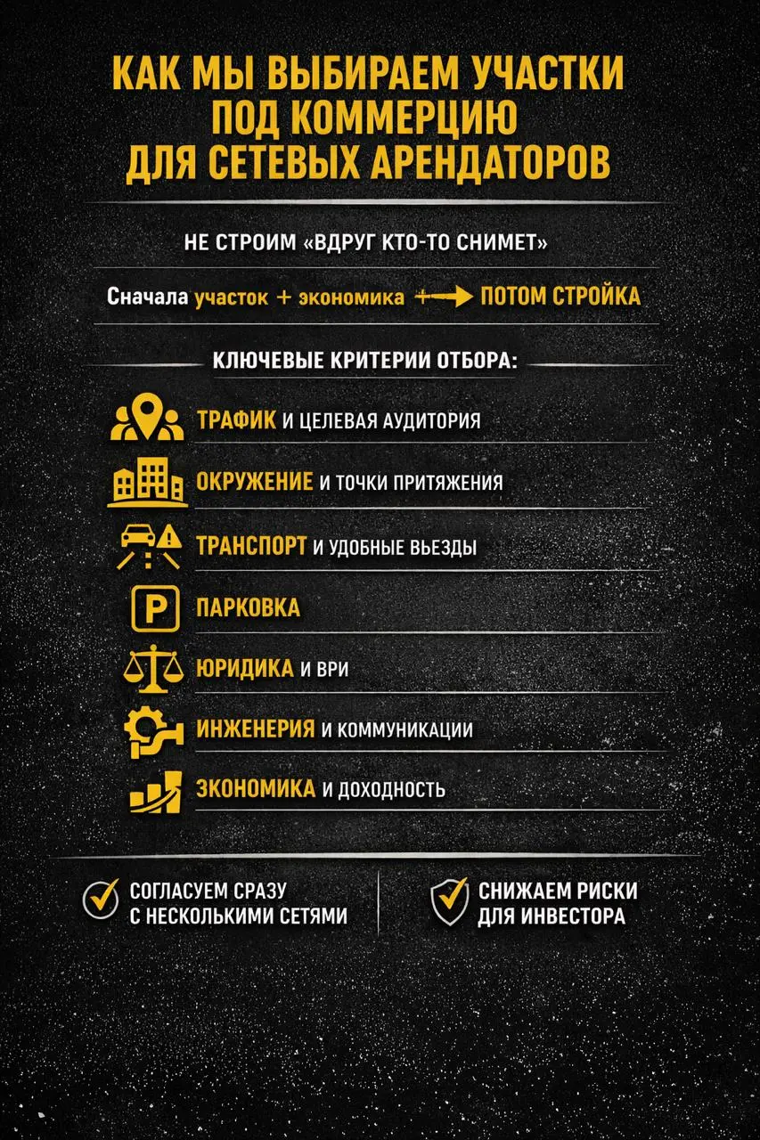 Как мы выбираем участки под коммерцию для сетевых арендаторов
Мы не строим “вдруг кто-то снимет”.
В проект заходим только тогда, когда экономика просчитана ещё на этапе земли | Сетка — социальная сеть от hh.ru