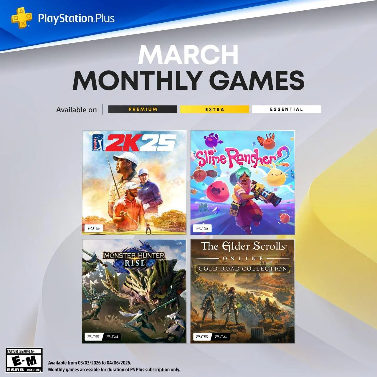 В марте в PS Plus:

PGA Tour 2K25
Slime Rancher 2
Monster Hunter Rise
The Elder Scrolls Online Collection: Gold Road | Сетка — социальная сеть от hh.ru