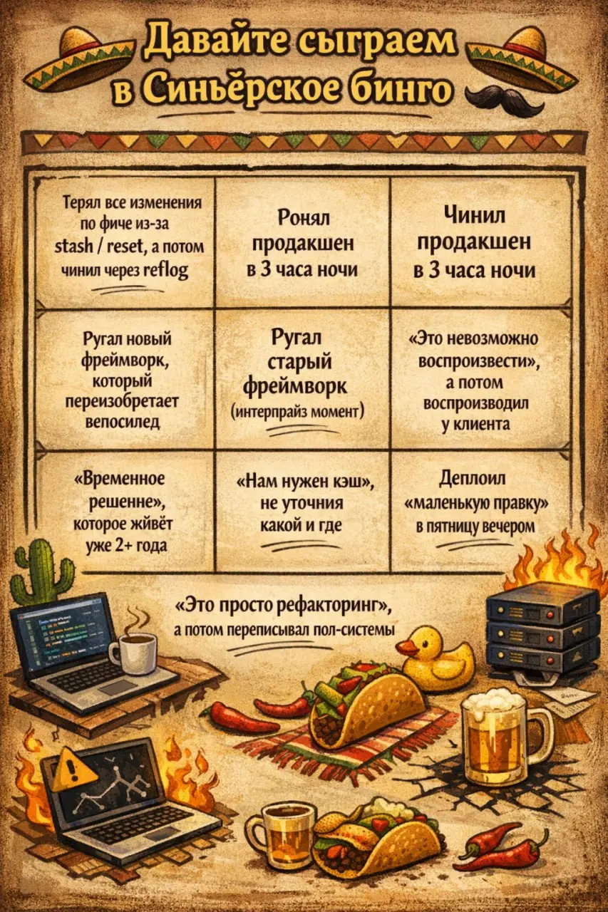 Сыграем в «Синьёрское бинго»
Собрали с коллегами в чате небольшое забавное бинго про типичные синьёрские ситуации. Я добавил визуал через Sora (GPT) - получилось почти документально | Сетка — социальная сеть от hh.ru