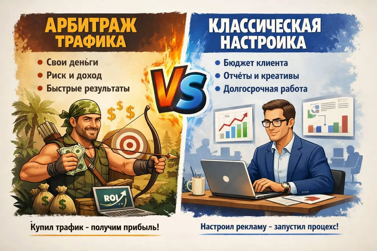 Арбитраж трафика и классическая настройка рекламы — это две рабочие модели. Обе приносят деньги. Разница — в структуре риска, контроле над воронкой и распределении прибыли | Сетка — социальная сеть от hh.ru