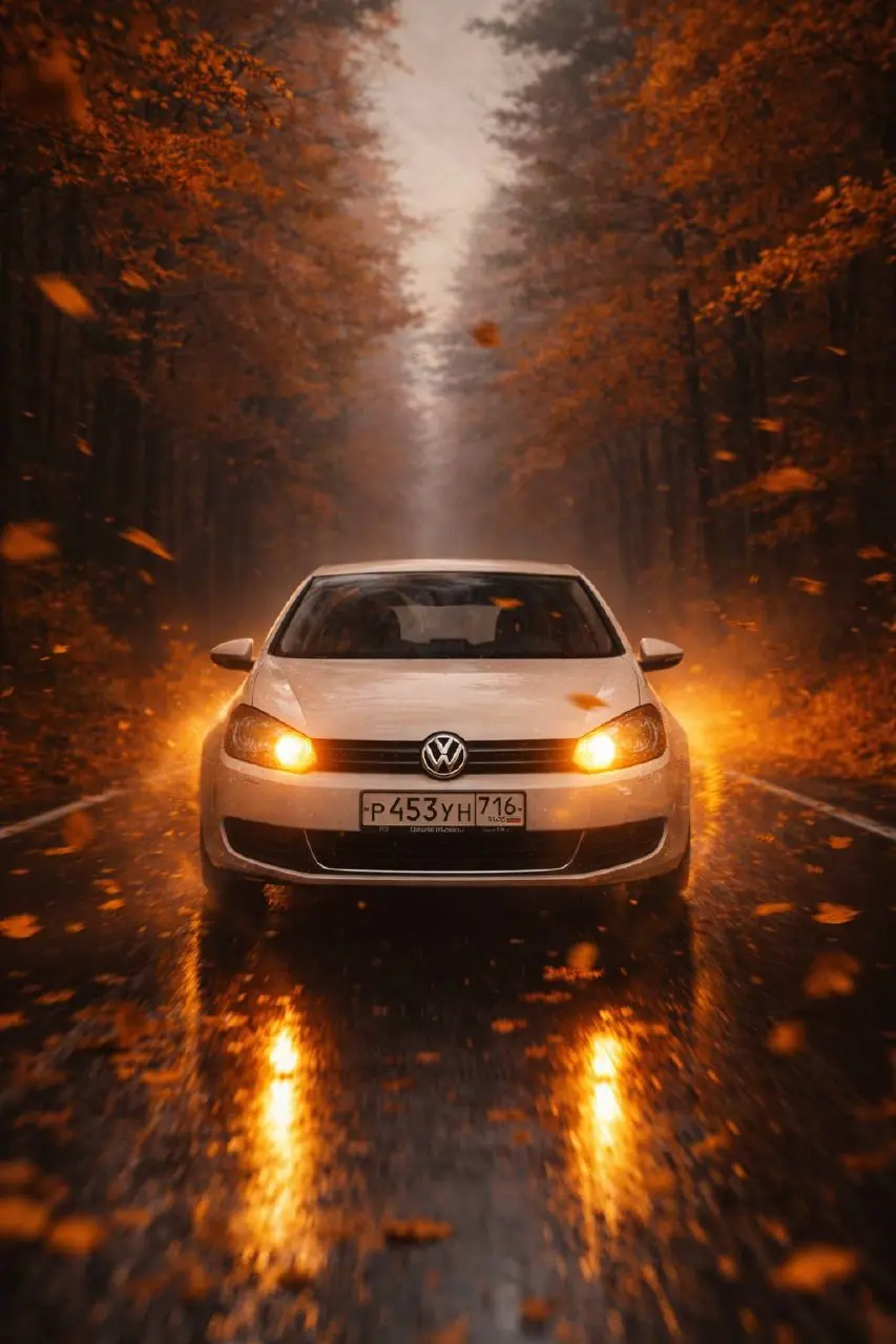 Промт:
Ultra-realistic cinematic photo, vertical 9:16.
Car driving through an autumn forest at early dusk, dynamic motion, golden leaves in the air. Front view, low angle, centered composition | Сетка — социальная сеть от hh.ru