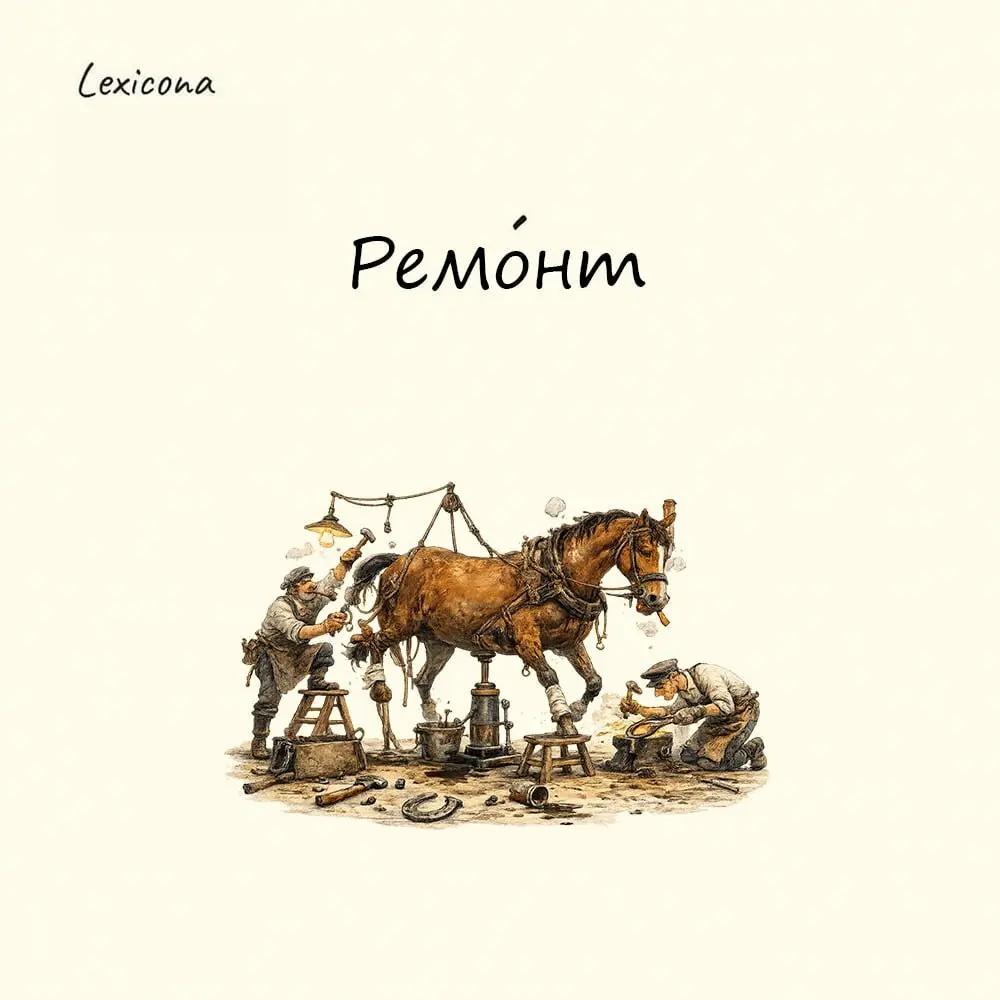 Ремонт
Слово происходит от французского remonte, что в переводе означает «замена, вторичное снаряжение лошадей».
В русский язык оно было заимствовано в конце XVIII века | Сетка — социальная сеть от hh.ru