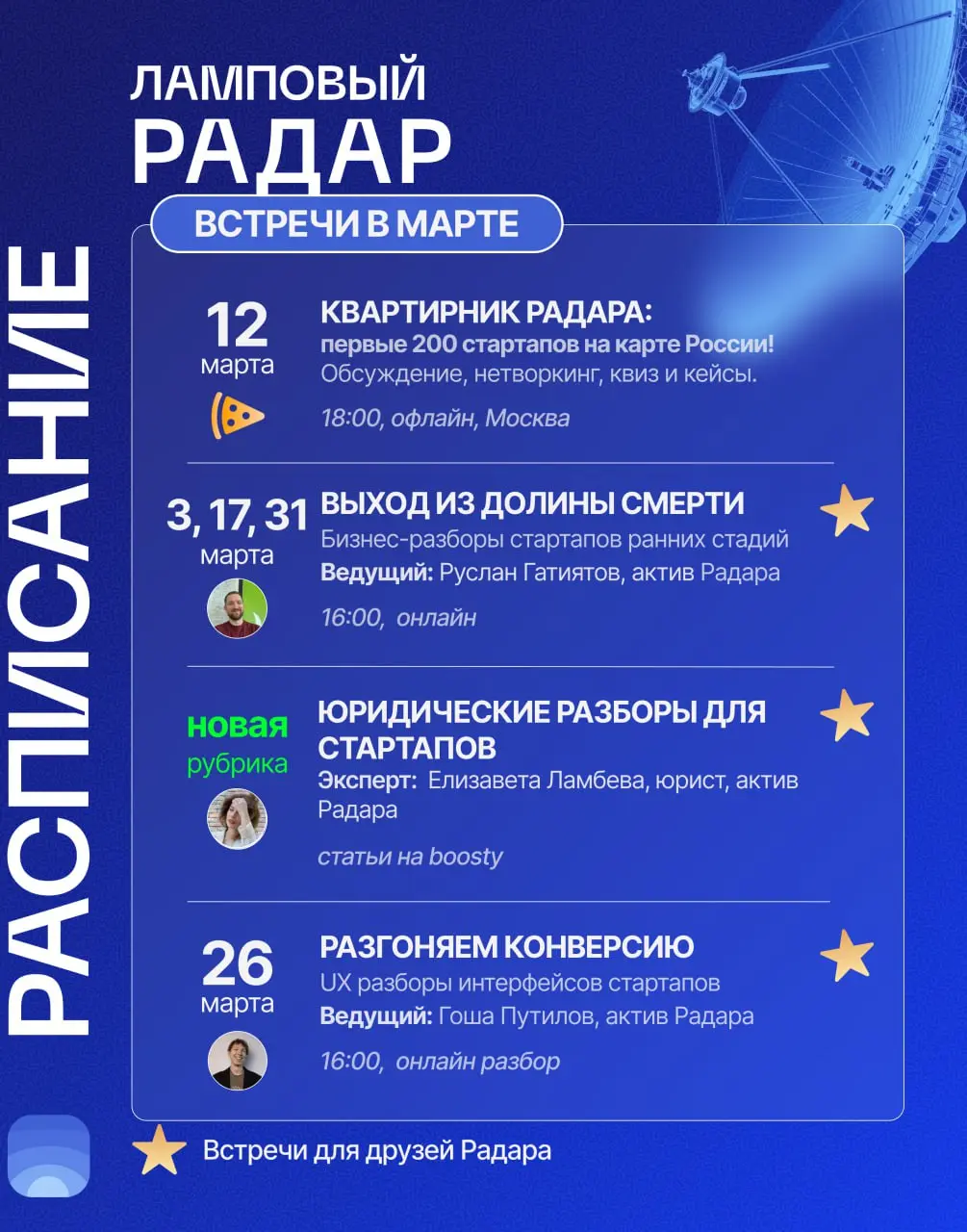 ⚡️Март – календарь мероприятий сообщества Product Radar
В марте Радар: отмечает появление карты стартапов России,
проводит первую в этом году офлайн-встречу, запускает новую юридическую рубрику и акти... | Сетка — социальная сеть от hh.ru