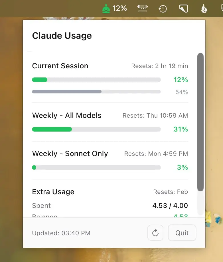 claude-usage-bar
Это инструмент для отображения текущего использования лимитов Claude в строке состояния | Сетка — социальная сеть от hh.ru