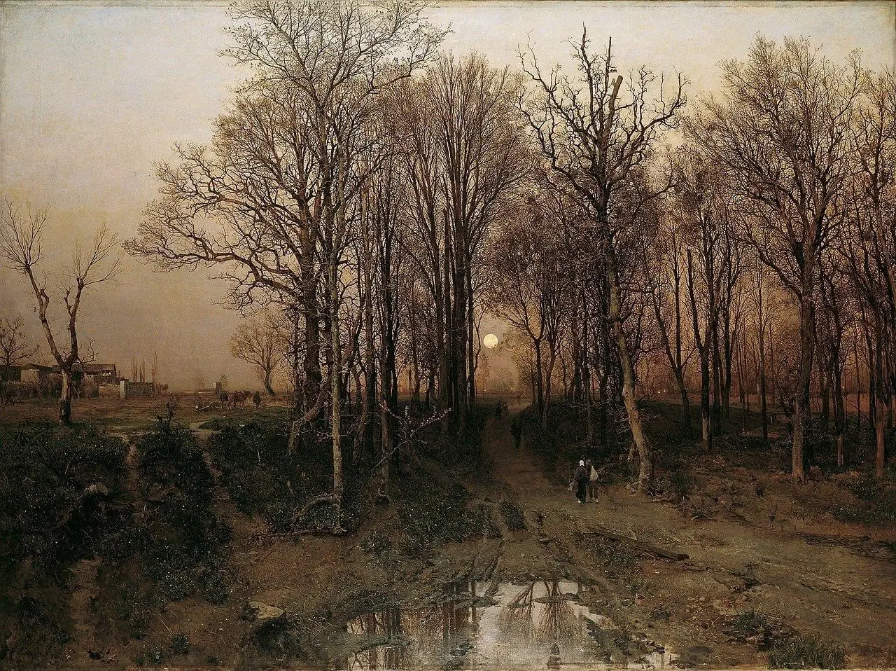 “Ранняя весна”Роберт Русс(1887)
Голые деревья вытянуты в холодное небо, дорога размыта талой водой, в лужах отражается вечерний свет. Весна только намечается. Всё в состоянии ожидания | Сетка — социальная сеть от hh.ru