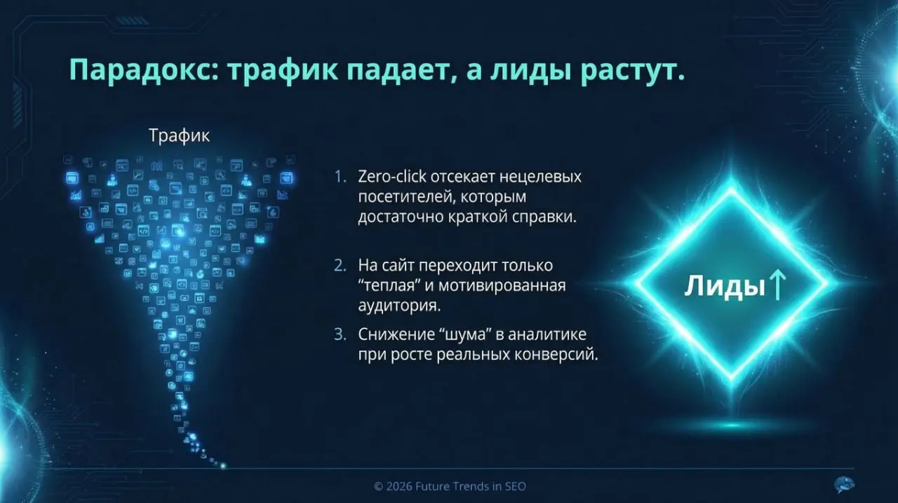 Трафик падает, а заявок становится больше.
Как тебе такое, Илон Маск?)))
Раньше это считалось бы ошибкой аналитики. Сегодня - новая норма поиска.
Около 65% поисков заканчиваются без перехода на сайт | Сетка — социальная сеть от hh.ru