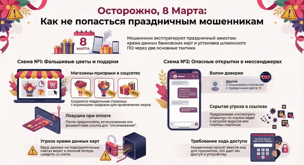 Как нас попытаются обмануть на 8 Марта?
Будем менять подход: работать на предупреждение.
Сделали удобную для рапространения инфографику, которая защитит вас, друзей и родных от обмана👆
Первое | Сетка — социальная сеть от hh.ru