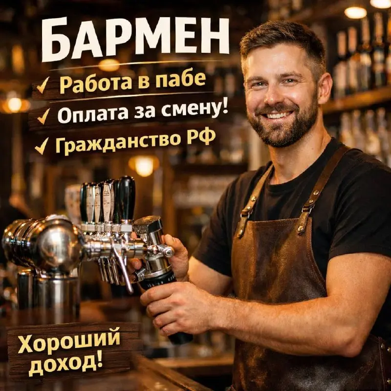 БАРМЕН
4 000₽/смена - 5 000₽/смена
Пивной бар 7 ПЯТНИЦ
• Москва
• Рестораны/Кафе
• 89646459030
В этом посте были ссылки, но мы их удалили по правилам Сетки | Сетка — социальная сеть от hh.ru