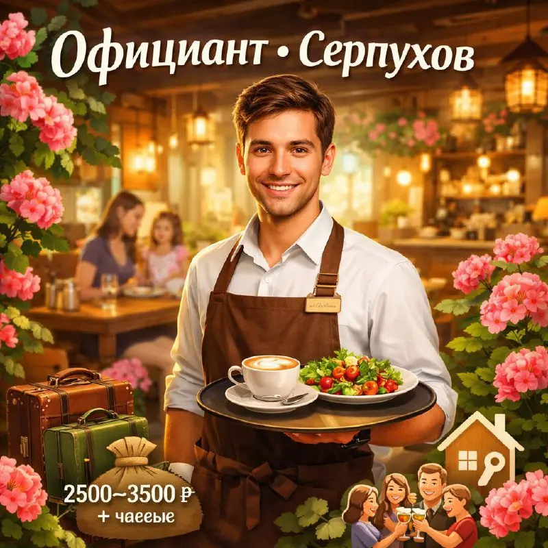 ОФИЦИАНТ
2 500₽/смена - 3 500₽/смена + чаевы
Семейное кафе «Герани»
• Московская область, Серпухов
• Рестораны/Кафе
• +79260300063
В этом посте были ссылки, но мы их удалили по правилам Сетки | Сетка — социальная сеть от hh.ru