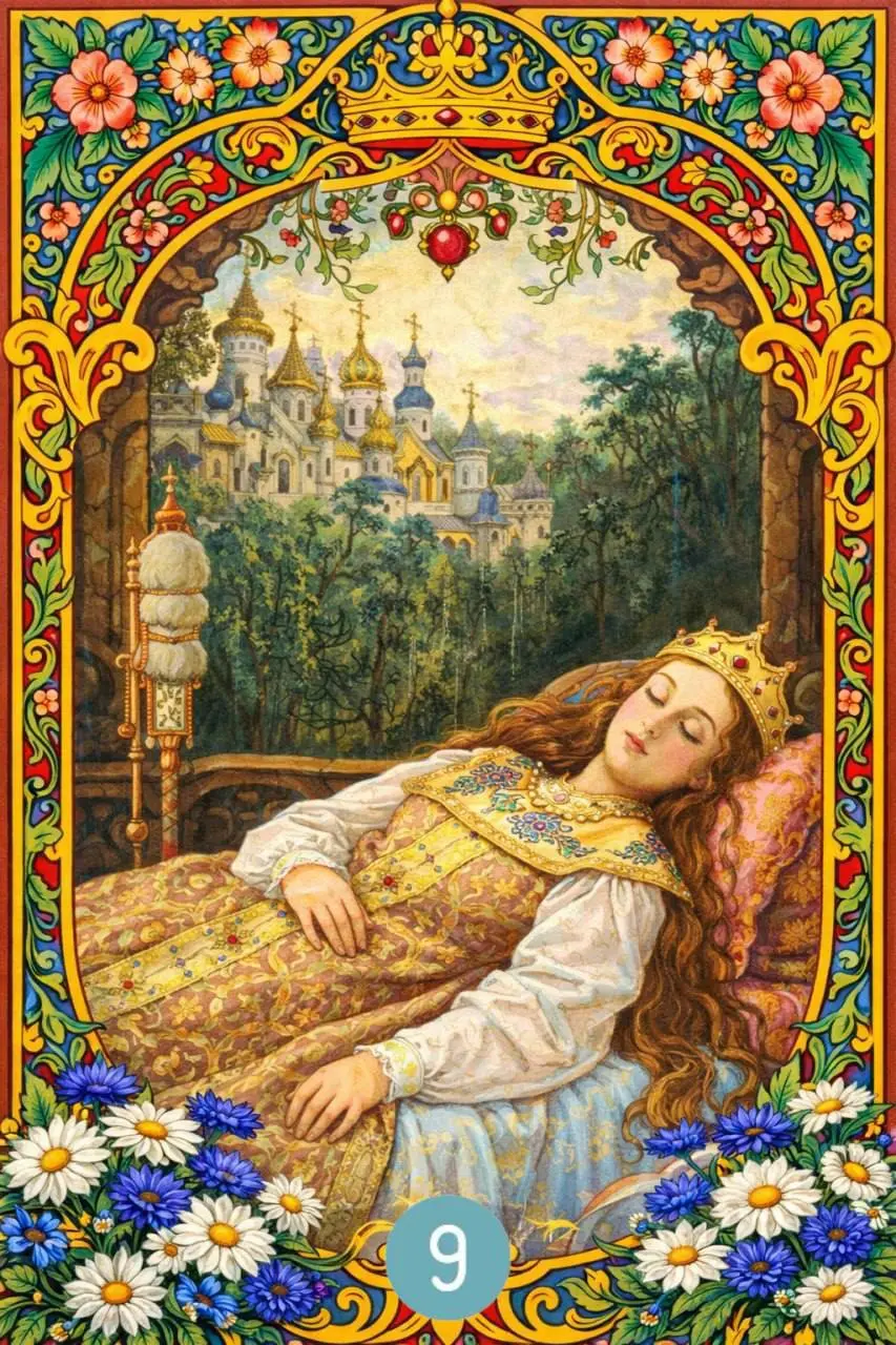 9️⃣ Спящая царевна (Сказка В.А. Жуковского)
Визитка: Девушка, которая умеет делать паузу. Причем делает это профессионально: укололась веретеном — и уснула на 100 лет вместе со всем дворцом | Сетка — социальная сеть от hh.ru