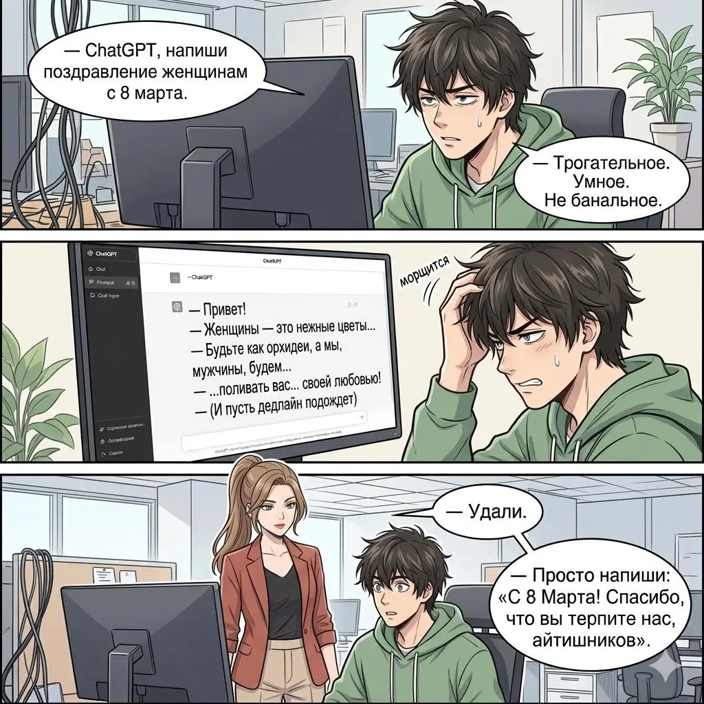 🤖 #с8марта
🍊 Рубрика: Воскресная манга
Сгенерировано через ИИ
Иногда не нужно усложнять, нужно понять 😉
Резервный канал 👉 🇷🇺 Max
#ДубовсковПсихологияКода #ВоскреснаяМанга #AI #с8марта | Сетка — социальная сеть от hh.ru