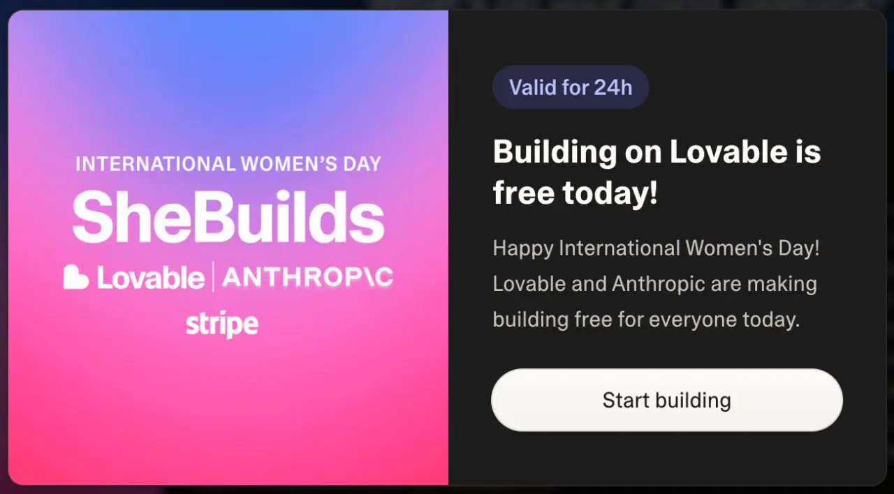 C 8 марта, с праздников весны! 🌸
Акция от Lovable на 24 часа можно генерировать идеи и вайбкодить без лимитов
Обычно это на бесплатном тарифе 5 запросов в день – шанс попробовать сервис на максималках... | Сетка — социальная сеть от hh.ru