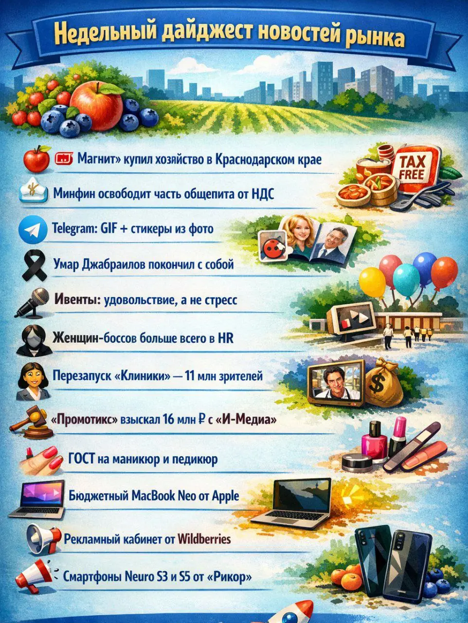 Недельный дайджест новостей рынка
🍏 Магнит купил хозяйство в Краснодарском крае для выращивания яблок и голубики | Сетка — социальная сеть от hh.ru