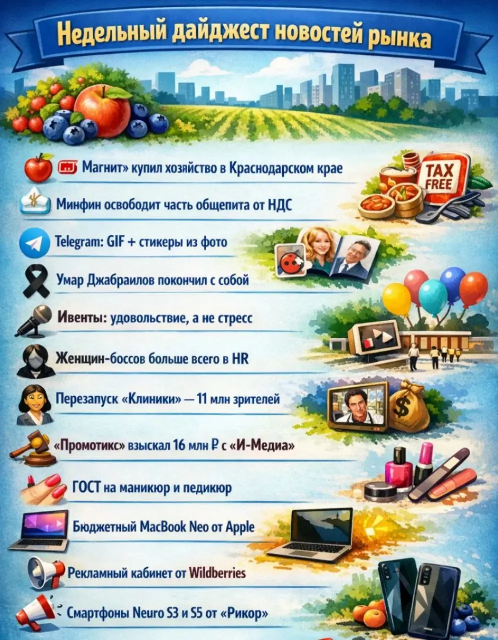 Недельный дайджест новостей рынка
🍏 Магнит купил хозяйство в Краснодарском крае для выращивания яблок и голубики | Сетка — социальная сеть от hh.ru