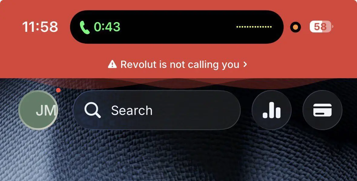 У Revolut заметил очень сильную деталь в дизайне.
Если вы во время звонка открываете приложение, сверху появляется большой красный баннер с предупреждением про возможный скам | Сетка — социальная сеть от hh.ru