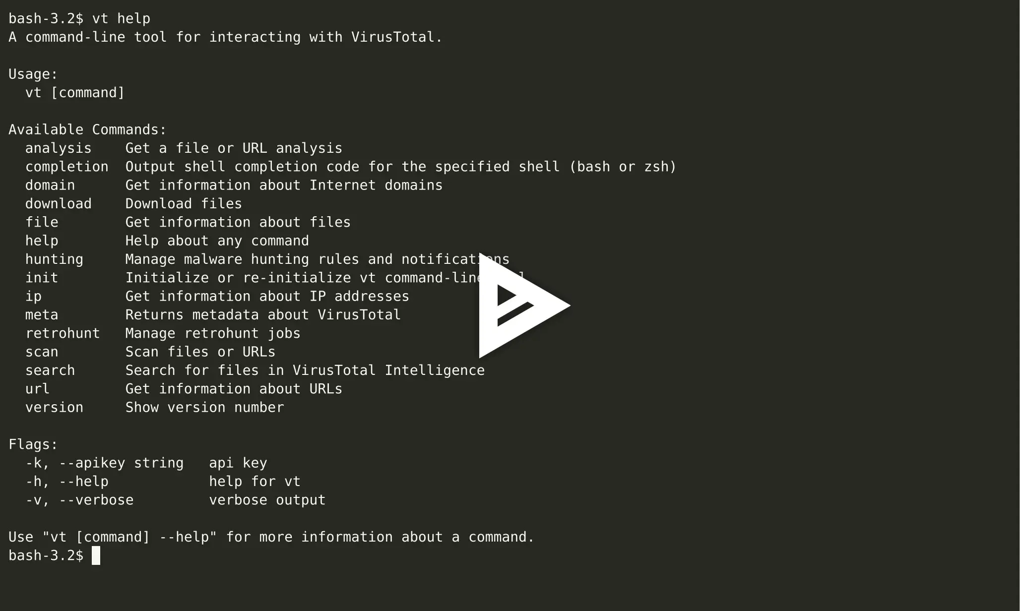 vt-cli
Это командный интерфейс для работы с сервисом VirusTotal, позволяющий выполнять все действия, доступные на веб-странице, через командную строку | Сетка — социальная сеть от hh.ru
