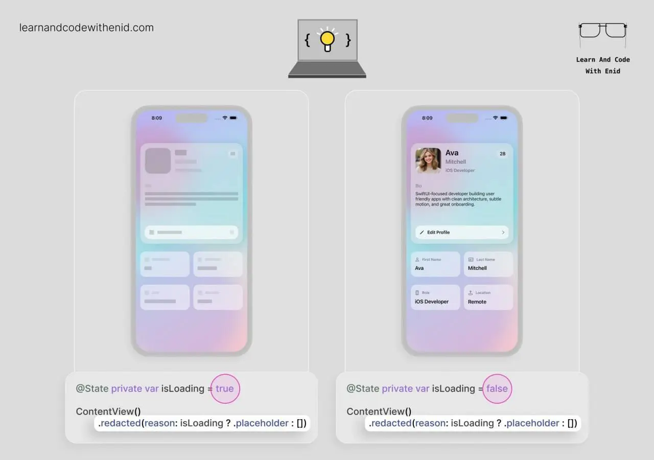 Совет для SwiftUI
Используйте .redacted(reason: .placeholder), чтобы показывать skeleton-интерфейс (плейсхолдер UI) во время загрузки данных, а когда данные будут готовы - уберите его. | Сетка — социальная сеть от hh.ru