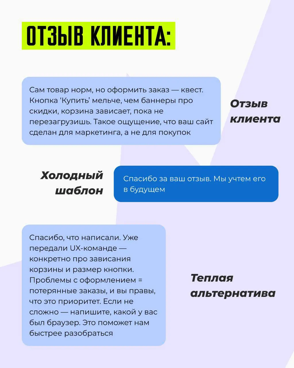 💬 Пару слов про отзывы. Мы с ними работаем в рамках услуги ORM
«…нам жаль, что так произошло, обязательно проверим» - такое может сейчас и нейронка.
Задача отзыва, на мой взгляд:
1 | Сетка — социальная сеть от hh.ru