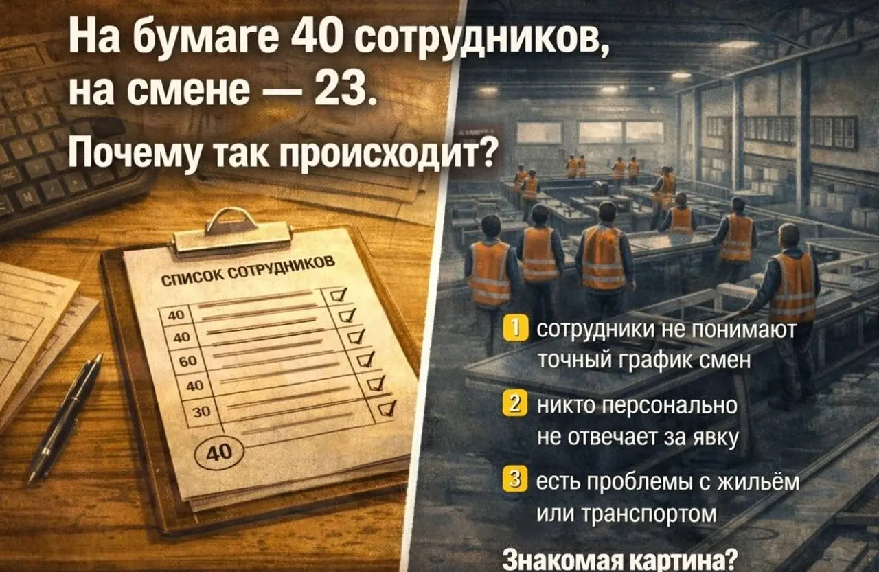 На бумаге 40 сотрудников, на смене — 23. Почему так происходит
Это одна из самых частых ситуаций на производстве.
По документам людей хватает.
Но когда начинается смена — половины сотрудников нет | Сетка — социальная сеть от hh.ru