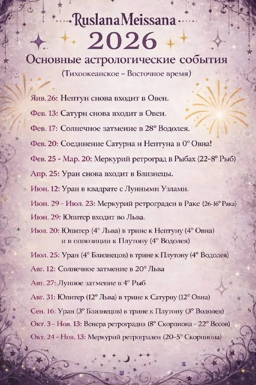 ✨ 2026: Год великого перехода (МСК)
Сразу три высшие планеты меняют знаки — это начало новой эпохи.
🚀 Главные события:
• 26.01: Нептун в Овне (впервые за 165 лет!)
• 14.02: Сатурн в Овне
• 20 | Сетка — социальная сеть от hh.ru