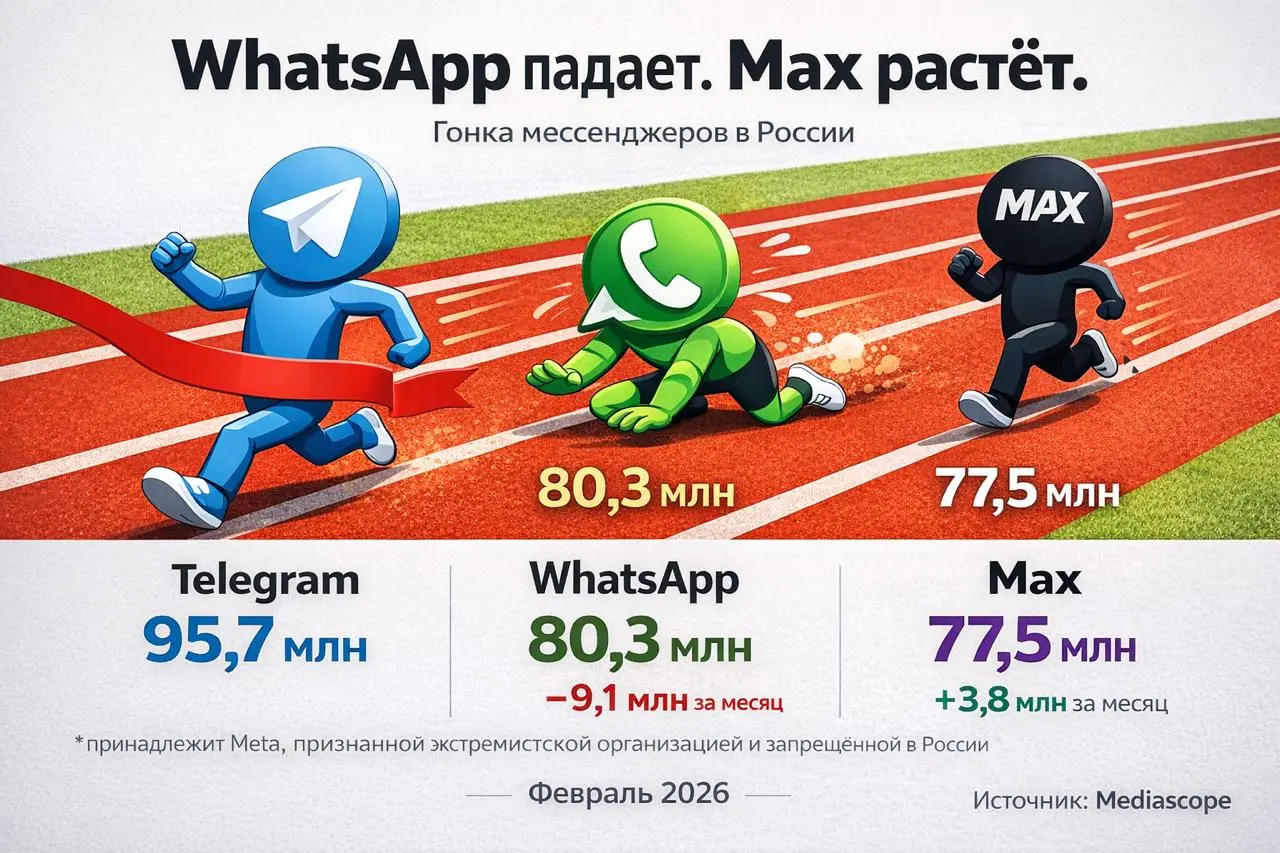 WhatsApp падает. Telegram уже замедляют. А Max тихо растёт.
И вот это, на самом деле, очень интересная история | Сетка — социальная сеть от hh.ru