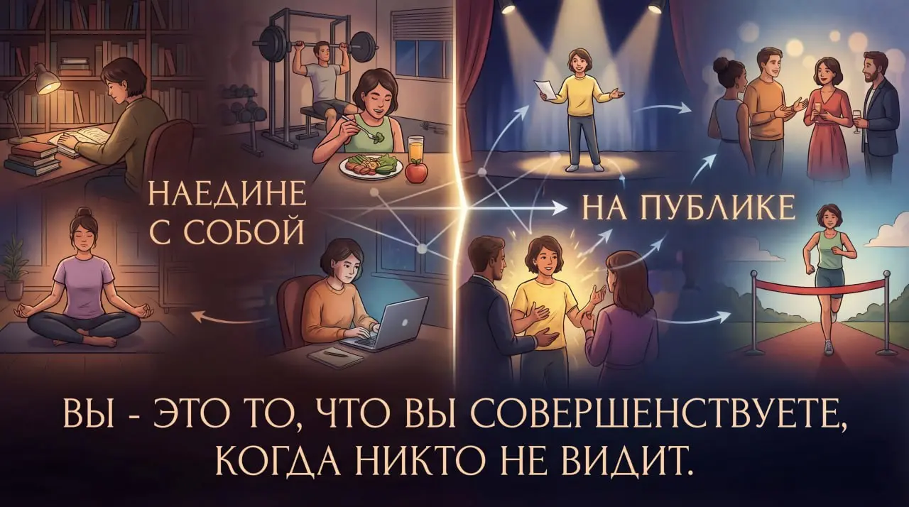 То, что вы делаете наедине с собой, всегда заметно на публике. То, что вы читаете, проявляется в разговорах. Ваши тренировки отражаются на вашем телосложении. Ваша диета отражается на вашей энергии | Сетка — социальная сеть от hh.ru