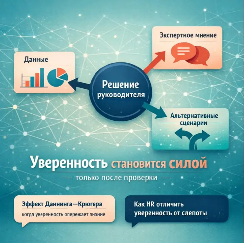 Эффект Даннинга—Крюгера в управлении: как HR отличить уверенность от слепоты
Иногда HR приносит руководителю данные, риски, альтернативы — а в ответ получает спокойное: «Я понял, делаем так» | Сетка — социальная сеть от hh.ru